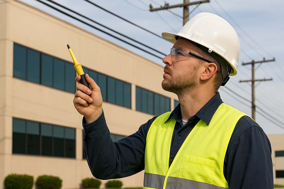 Licensed electrician checking power lines for a commercial property