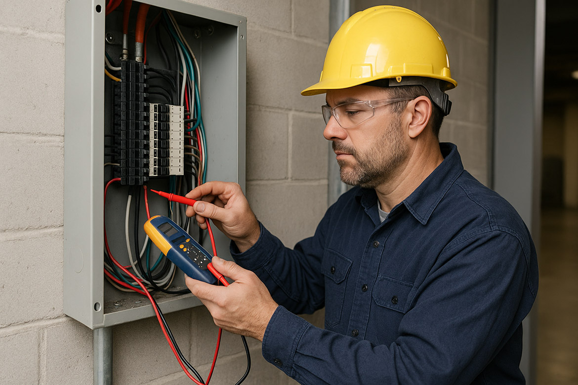 A certified electrician testing commercial wiring to ensure code compliance.