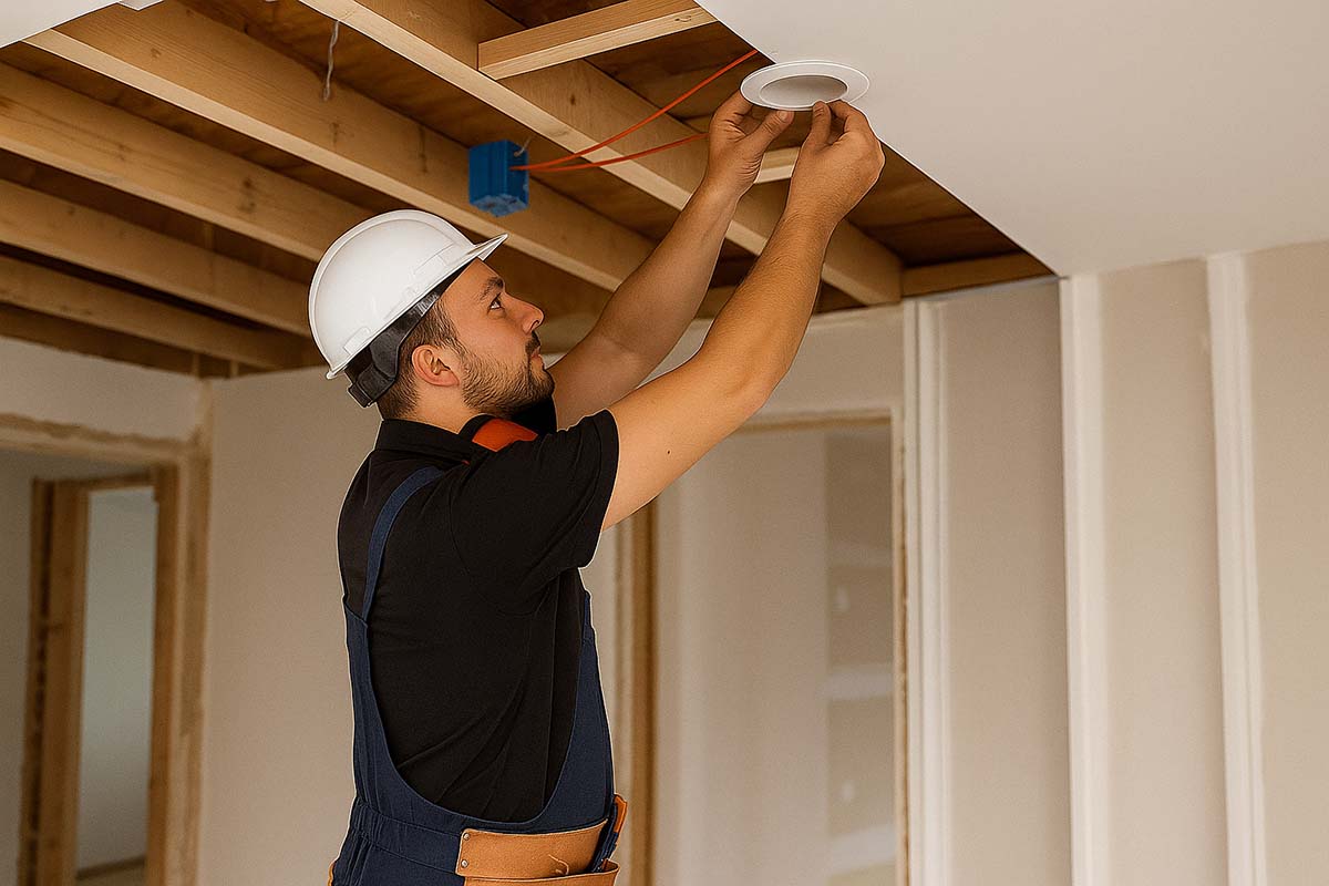 Electrical contractor installing lighting and new circuits during a home renovation.